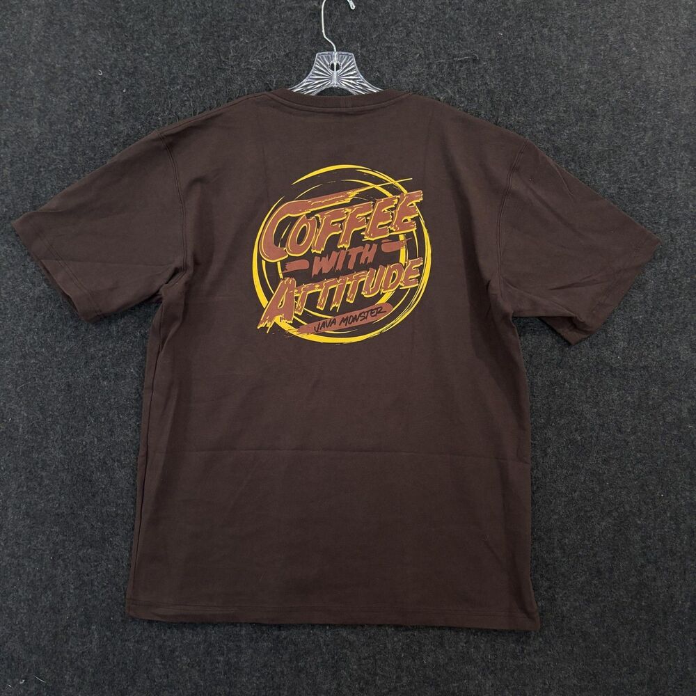 Java Monster Shirt Men's Large Brown Pocket Coffee With Attitude Graphic Energy